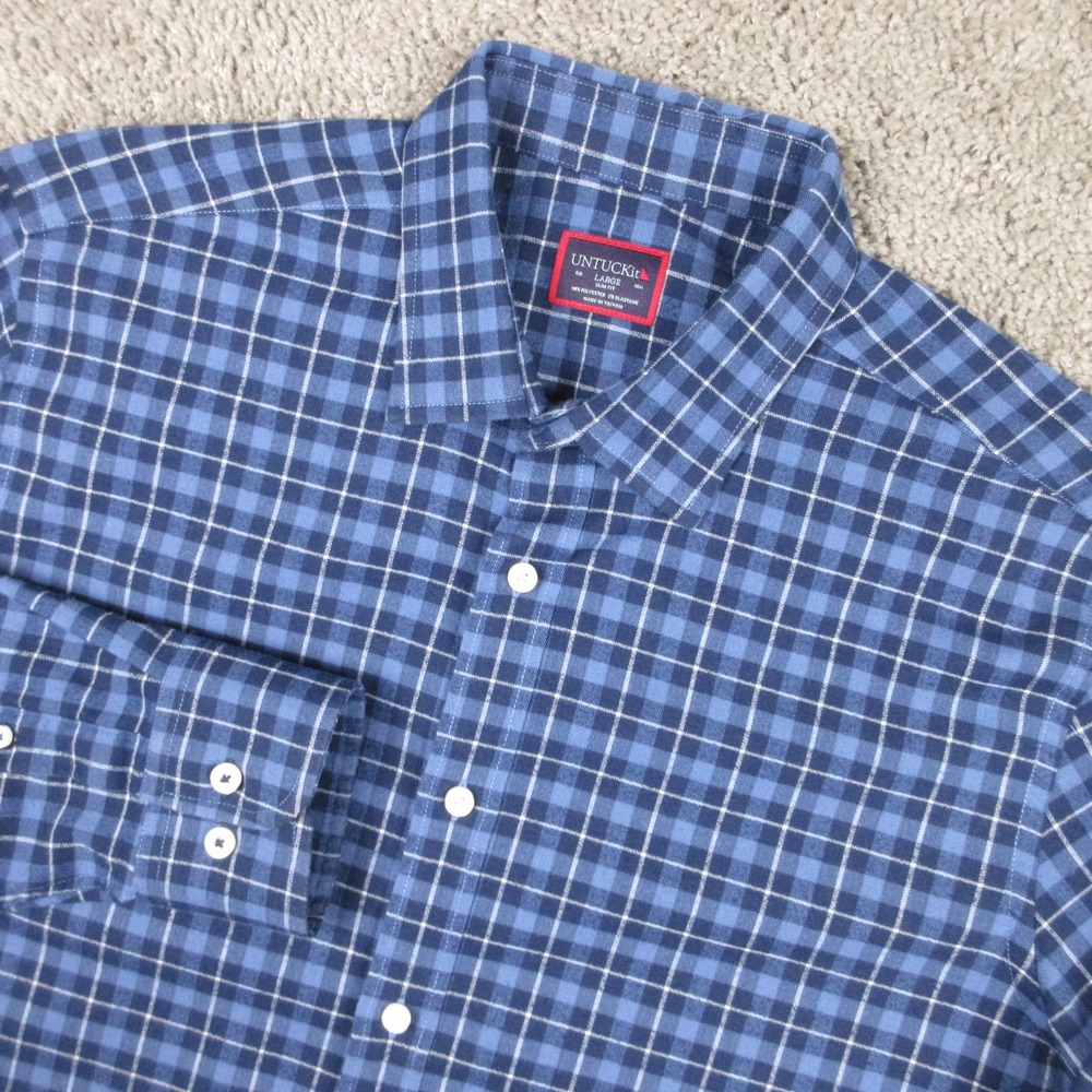 Untuckit Shirt Mens Large Blue Plaid Slim Fit Flannel Herringbone Button Up